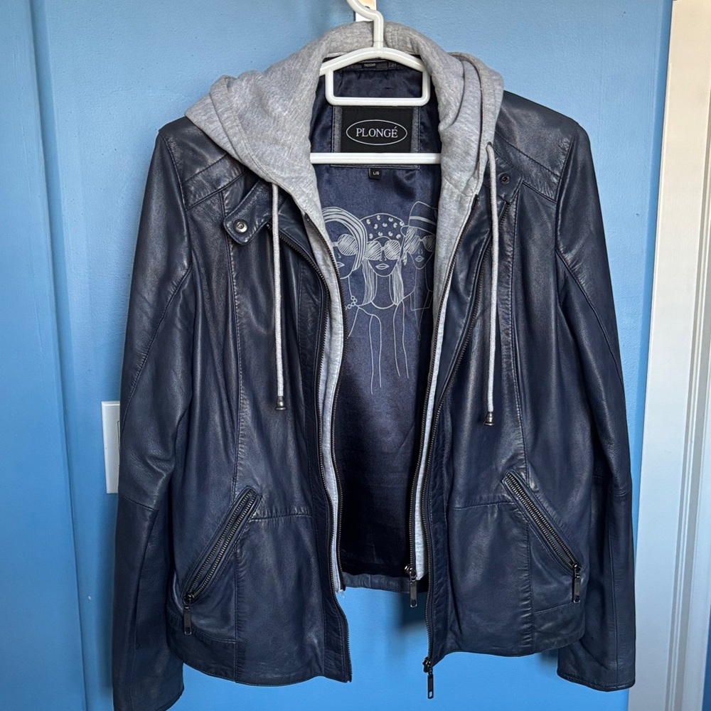 Navy Leather Jacket with Zip Out Hoodie Liner